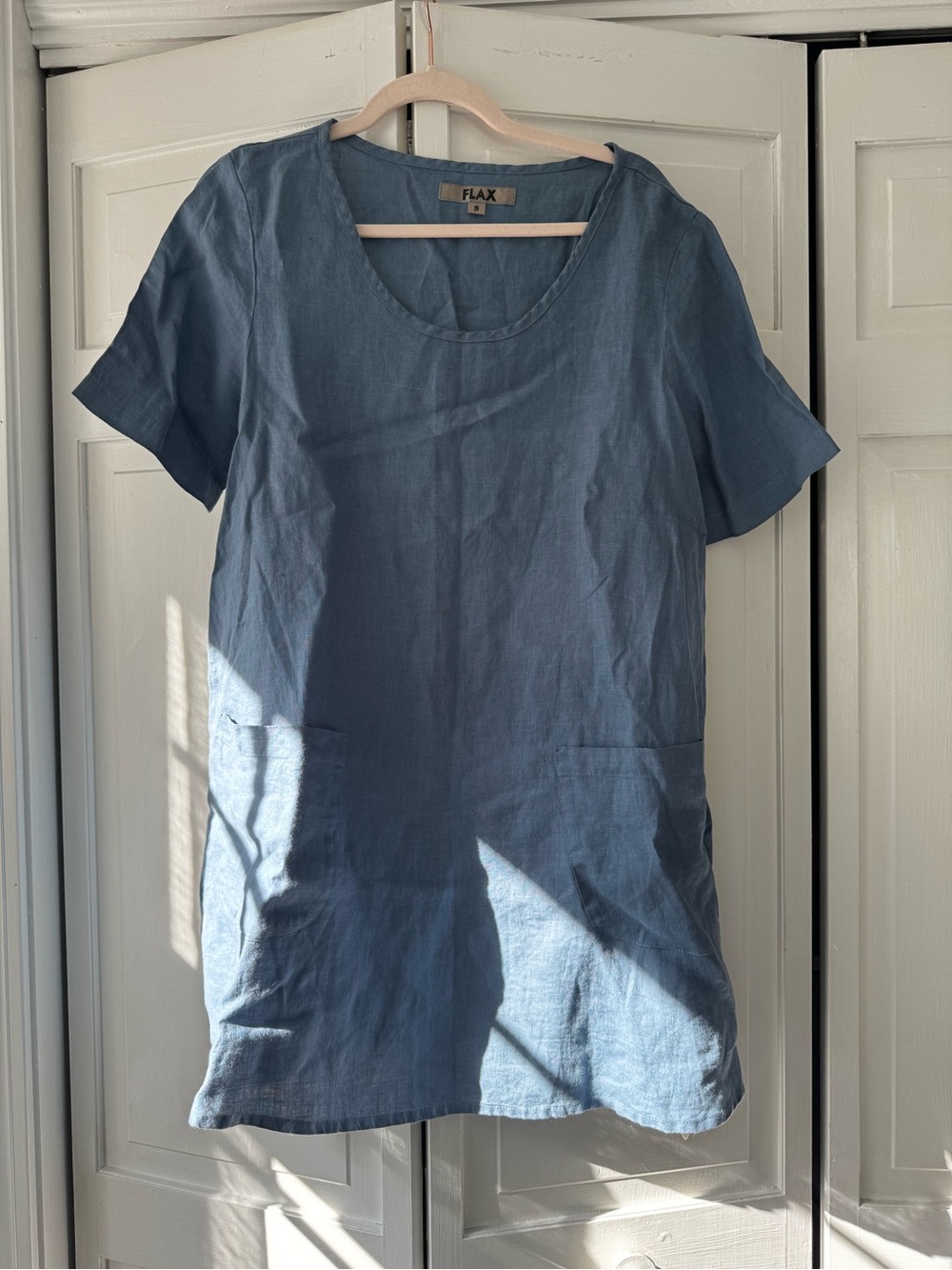 FLAX Linen Shift Dress Blue Oversized Waist Ties and Pockets Small Medium